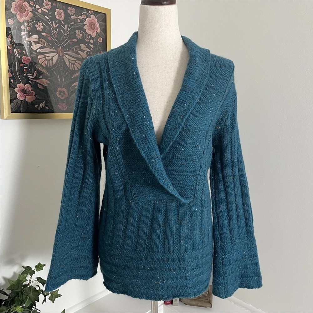 Margaret O'leary Merino Wool Superkid Teal Speckled Shawl Pullover Bell Sleeve